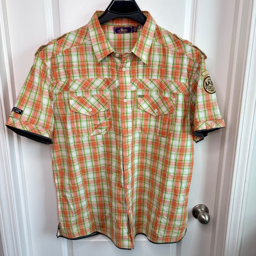 Akoo Men 2XL Short Sleeve Button Down Shirt Orange Green Plaid Cotton Streetwear